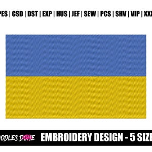 May include: Embroidery design of the Ukrainian flag, featuring a blue top half and a yellow bottom half. The design is available in five sizes.