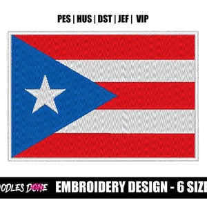 May include: Embroidery design of the Puerto Rican flag in red, white, and blue with a white star in the blue triangle. The design is available in six sizes. PES, HUS, DST, JEF, and VIP file formats are included.