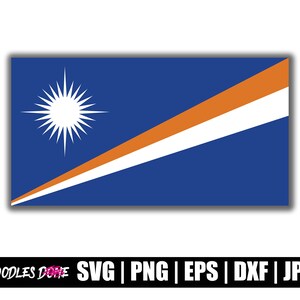 May include: The flag of the Marshall Islands. It is a blue flag with a white star in the upper hoist corner and a diagonal orange and white band extending from the lower hoist corner to the upper fly corner.