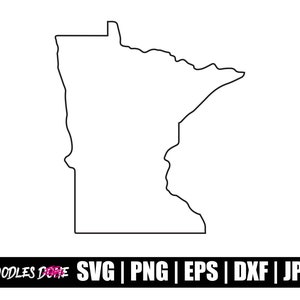 May include: Outline of the state of Minnesota. The outline is a black line on a white background.