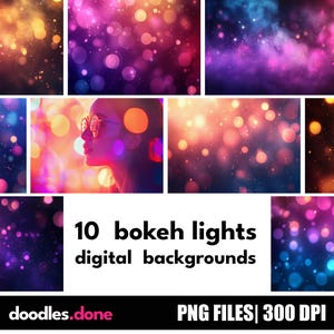 May include: 10 digital backgrounds featuring bokeh lights in various colors, including pink, purple, blue, and yellow. The backgrounds are perfect for adding a touch of sparkle to your designs.