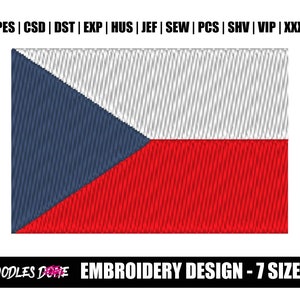 May include: Embroidery design of the Czech Republic flag. The flag is a horizontal triband of blue, white, and red. The blue section is a triangle that extends to the hoist side of the flag. The white section is a rectangle in the center of the flag. The red section is a rectangle at the fly end of the flag. The design is available in 7 sizes.