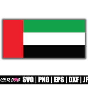May include: A rectangular flag of the United Arab Emirates, featuring a vertical red stripe on the left and horizontal stripes of green, white, and black. Below the flag is a black banner with the text "DOODLES DONE SVG | PNG | EPS | DXF | JPG".