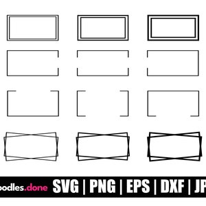 May include: A collection of black and white rectangular frame designs in various styles. The image includes simple outlines, double lines, and geometric variations. The bottom of the image displays the text "doodles.done" along with file type options: SVG | PNG | EPS | DXF | JPG.