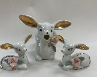 Vintage 1958 Chase Japan Deer  and Fawn Figurines Three Piece Salt & Pepper, Pitcher
