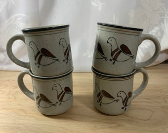 Vintage Shafford "Primitive Collection" Birds Coffee Mugs; Stoneware; 2 Sets of 2