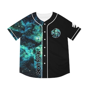 May include: A black and green baseball jersey with a galaxy print on one side and a black side with a white lion logo and the text "SEVEN LIONS" on the other side.