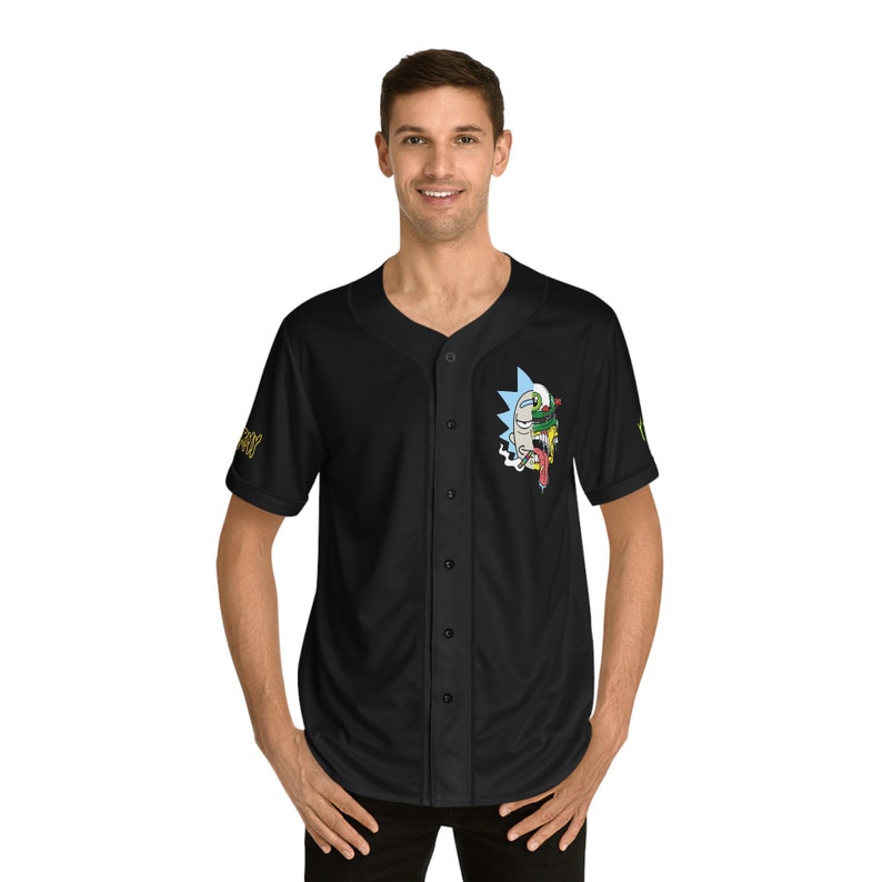May include: Black baseball jersey with a white button-up front and a colorful graphic of Rick Sanchez from Rick and Morty on the left chest.