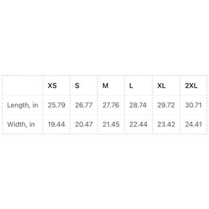 May include: Size chart showing length and width measurements in inches for sizes XS, S, M, L, XL, and 2XL.