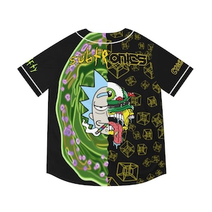 May include: Black baseball jersey with a green and yellow graphic of a cartoon character with the text "SUBTRONICS" and "CYBER" on the sleeves.