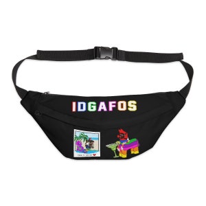 May include: Black fanny pack with a rainbow "IDGAFOS" text, a photo of two people with the text "Dillon & Gerald" and a pinata with a margarita.