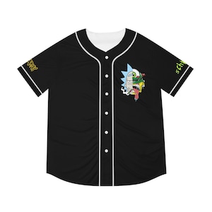 May include: Black baseball jersey with white trim and a cartoon character graphic on the front. The character has green and blue skin and is smoking a cigarette. The text "SCHWIFTY" is on the right sleeve and "WUBBA LUBBA DUB DUB" is on the left sleeve.