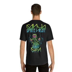 May include: Black t-shirt with a green and blue graphic print of a plant with a brain at the bottom. The text "SINA WHITE NIGHT" is above the graphic and the text "SIN" is below the graphic.