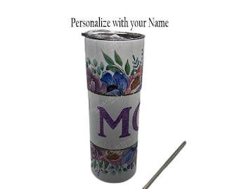 Floral Stainless Steel Travel Cup - Personalized with YOUR name choice or with MOM - Epoxy Free Eco-Friendly Water Bottle with Steel Straw
