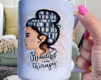 Reading is my Therapy Ceramic or Stainless Steel Cup with Woman's Head Full of Books Image | Coffee or Tea Mug | Personalize with Your Name