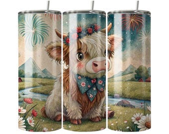 Highland Cow Tumbler Wrap, Floral Calf Sublimation Design (Digital Download)
