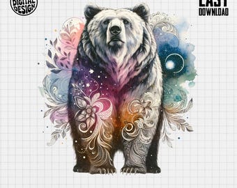 Clipart de oso en acuarela, decoración de fantasía celestial (descarga digital)