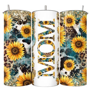 MOM Sunflower 20oz Skinny Tumbler | Cow & Leopard Print | Glitter Look | Double-Wall Stainless Steel | Gift for Mom