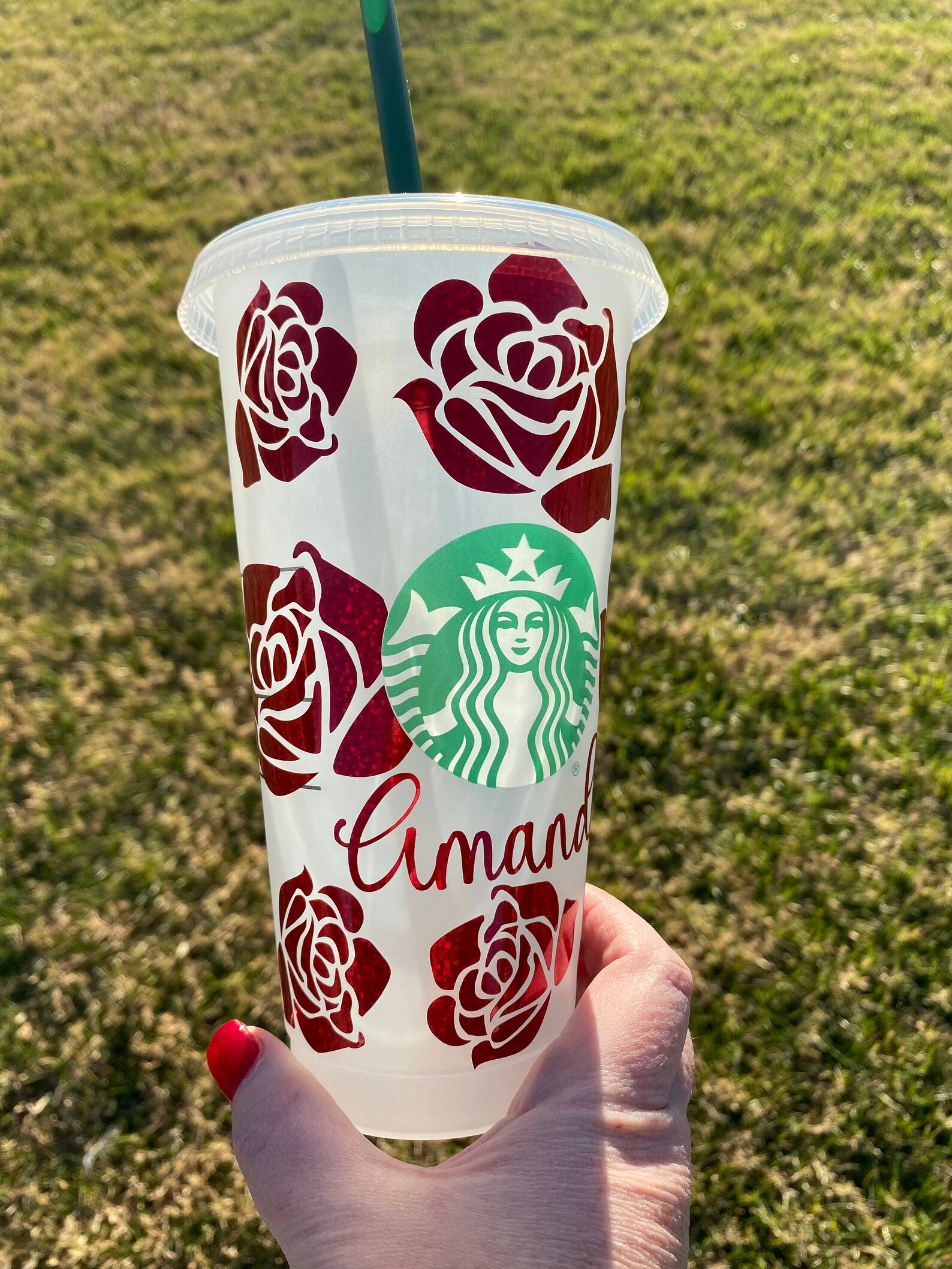 Red Glitter Rose Starbucks Cup. Holographic Red Custom Tumbler Etsy