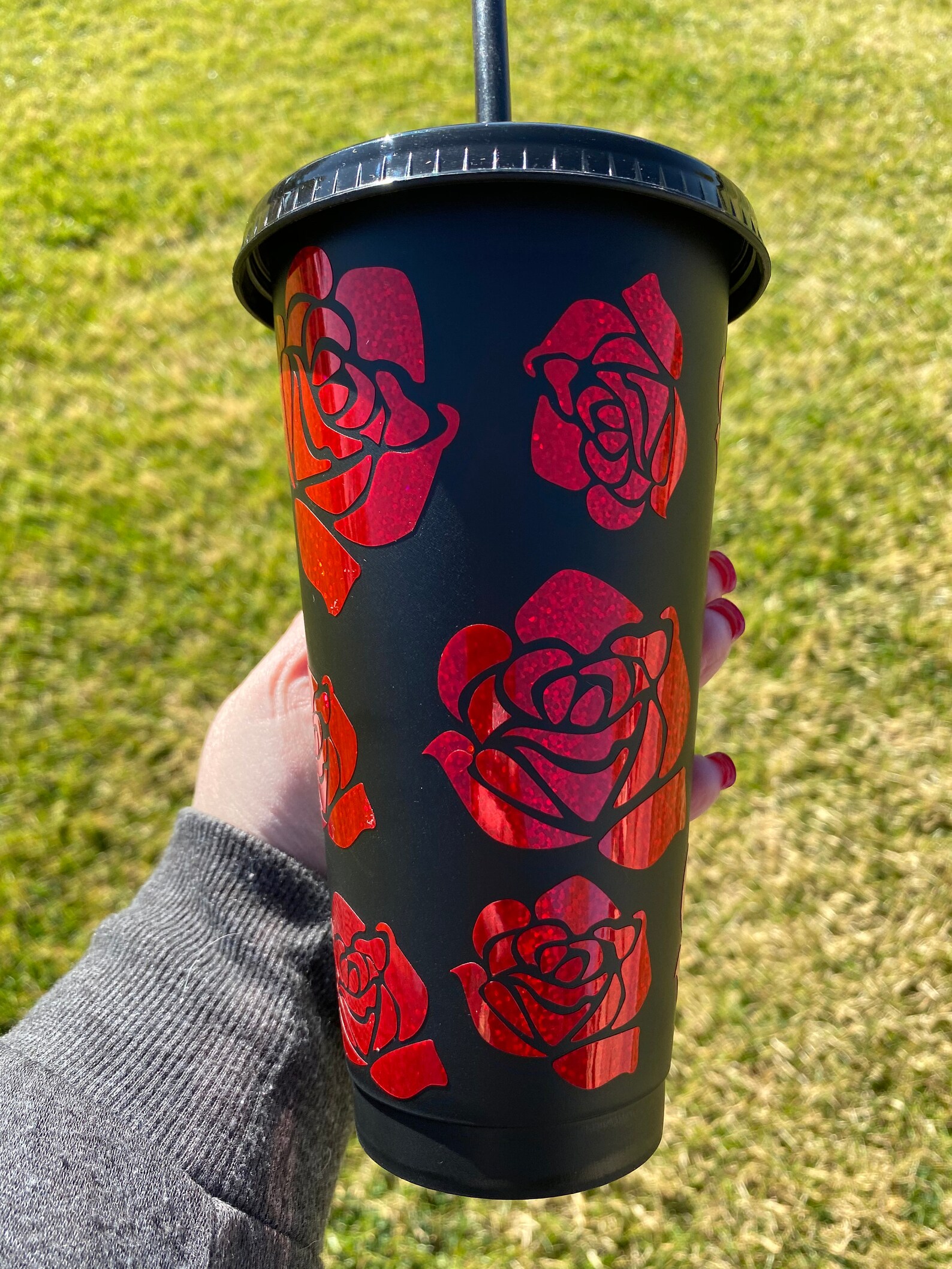Matte black red glitter rose tumbler. Rose holographic water Etsy