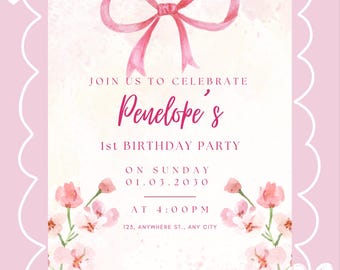 Editable Coquette Pink Bow Birthday Invitation, Pink Bow Birthday Invitation, Ribbon Birthday Invitation, Pink Coquette Bow Invite