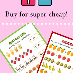 Kindergarten Math worksheets/ Picture Addition and Subtraction/ Printable