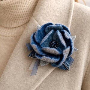 Blue Felt Rose Brooch Pin, Merino Wool Denim Flower