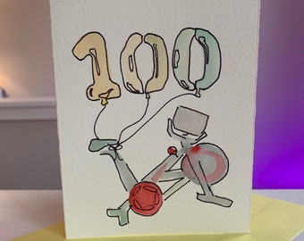 Peloton Century Ride | 100 ballonger | Akvarellkort | Handgjort | Tomt inuti