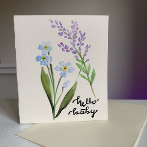 Bonjour bébé floral | Carte à l’aquarelle | Fait à la main | Blank Inside