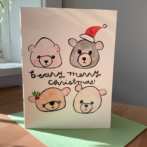 Beary Merry Christmas | Aquarelkaart | Handgemaakt | Leeg binnen