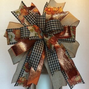 Fall Wreath Bow, Fall Lantern Bow, Pumpkin, Gingham and Copper