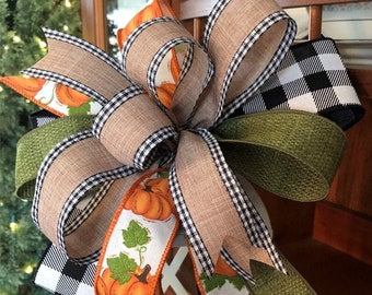 Fall Wreath Bow, Pumpkin & Buffalo Plaid Wired Ribbon Bow