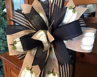 Handmade White Pumpkin Lantern Bow, Black Stripe Wired Ribbon