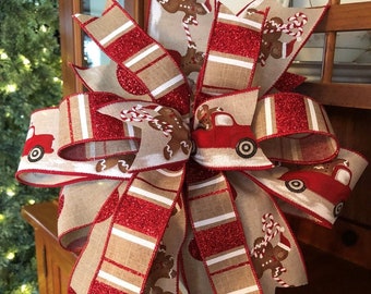 Gingerbread Truck Christmas Bow, Handmade Wired Ribbon Wreath Bow