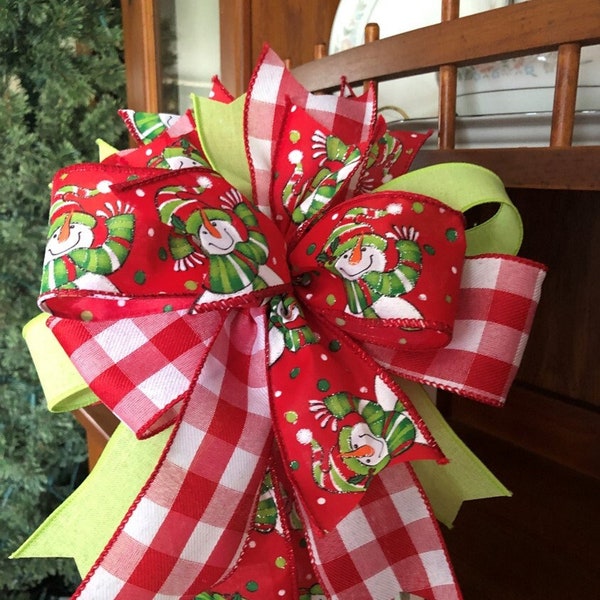 Handmade Christmas Wreath Bow, Red Lime Snowman, Holiday Decor