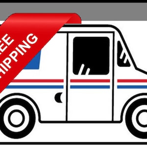 May include: A white mail truck with red, white, and blue stripes. A red ribbon with the text "FREE SHIPPING" is draped over the top of the truck.