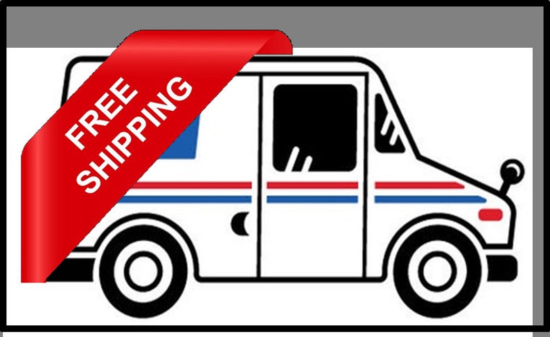 May include: A white mail truck with red, white, and blue stripes. A red ribbon with the text "FREE SHIPPING" is draped over the top of the truck.