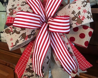 Christmas Wreath Bow, Reindeer Games Ribbon, Holiday Decor