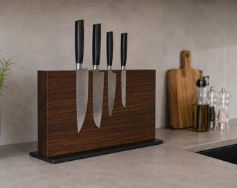 Knife block No. 2, smoked oak, handcrafted | Magnetic on both sides | JANHO Signature Edition | 6–20 knives | Premium knife block with slate base