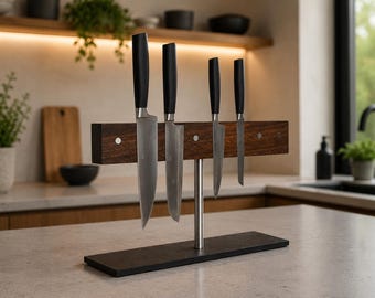 magnetic knife block No.2 made of American walnut, brass and a base made of slate