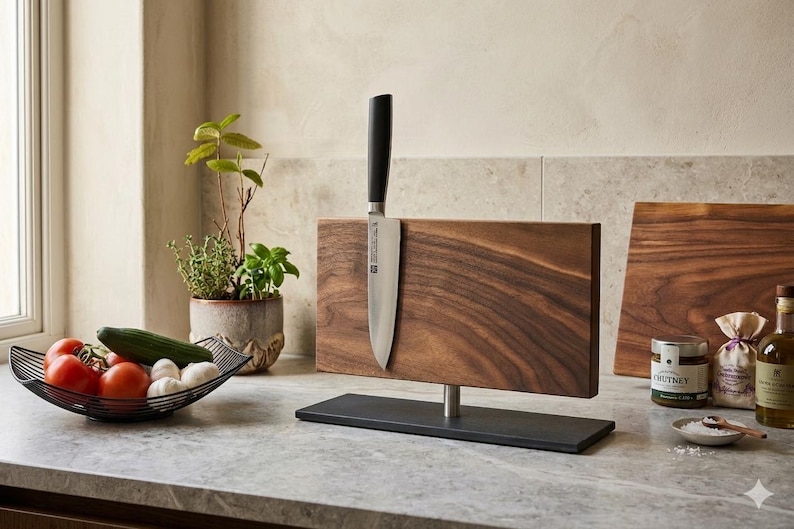 May include: A wooden knife block with a stainless steel knife and black handle. The block is on a black base. A bowl of tomatoes, cucumbers, and garlic sits nearby. A small potted plant is also visible.