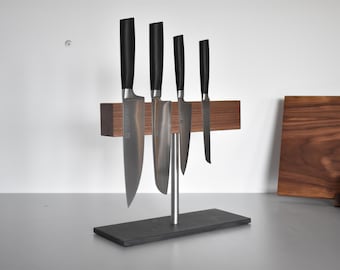 magnetic knife block No.2 made of American walnut, brass and a base made of slate