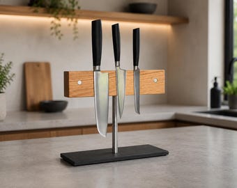 magnetic knife block No.2 made of American walnut, brass and a base made of slate