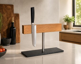 Magnetic knife block No. 1 made of brushed oak, stainless steel and slate/stainless steel