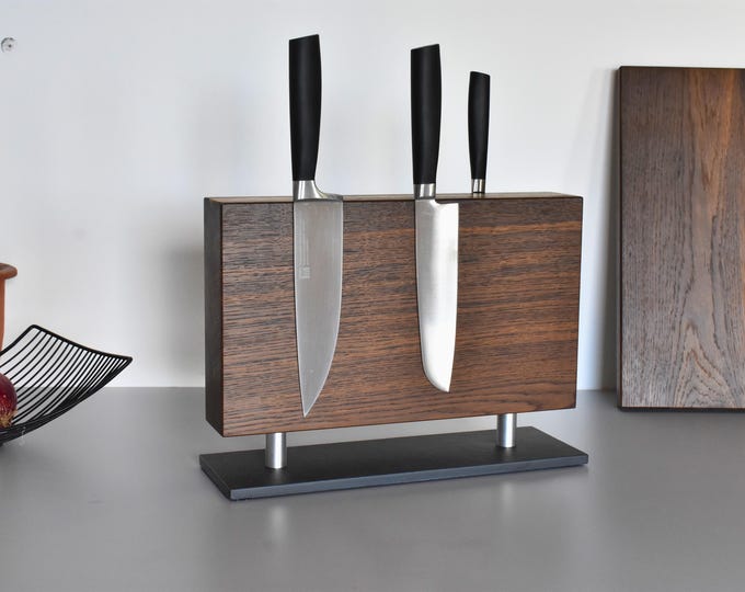Featured listing image: Knife block model No. 3 - Signature Edition made of premium smoked oak | magnetic on both sides | invisible magnets | handmade by JANHO