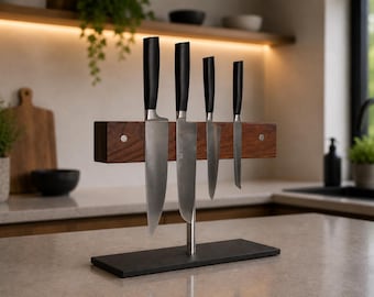 magnetic knife block No.2 made of American walnut, brass and a base made of slate