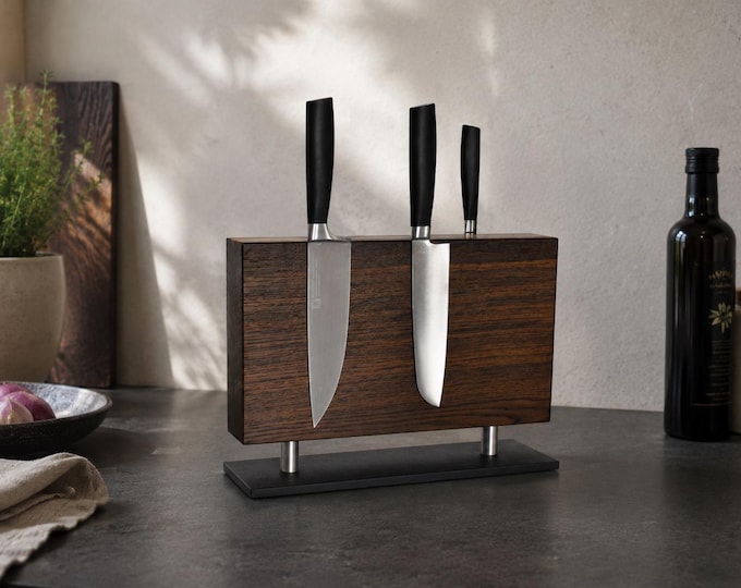 Featured listing image: Knife block model No. 3 - Signature Edition made of premium smoked oak | magnetic on both sides | invisible magnets | handcrafted by JANHO