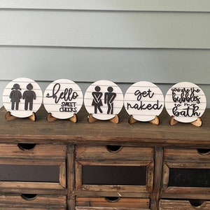 Funny Bathroom Signs | Mini Round Shiplap Signs | Rustic | Farmhouse | Tier Tray Decor | Mini Sign| Black & White Classic