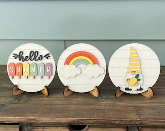 Summer Mini Round Shiplap Signs | Rustic | Farmhouse | Tier Tray Decor | 3D laser cut | Mini Sign