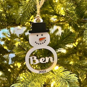Personalized Snowman Christmas Ornament: Laser Cut Wood Holiday Bauble